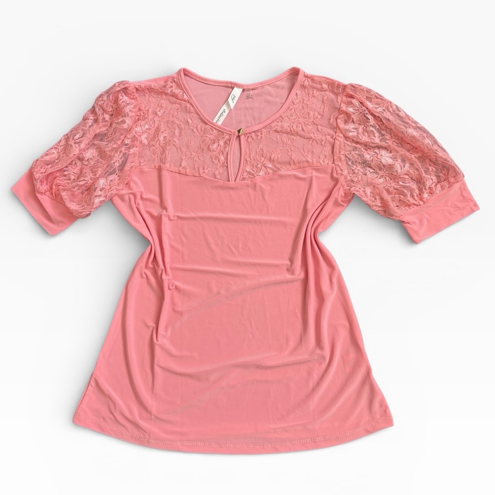 NWT NY Collection Lace Puff Sleeve Blouse Top Pink Romantic Petite Small PS - Picture 4 of 12